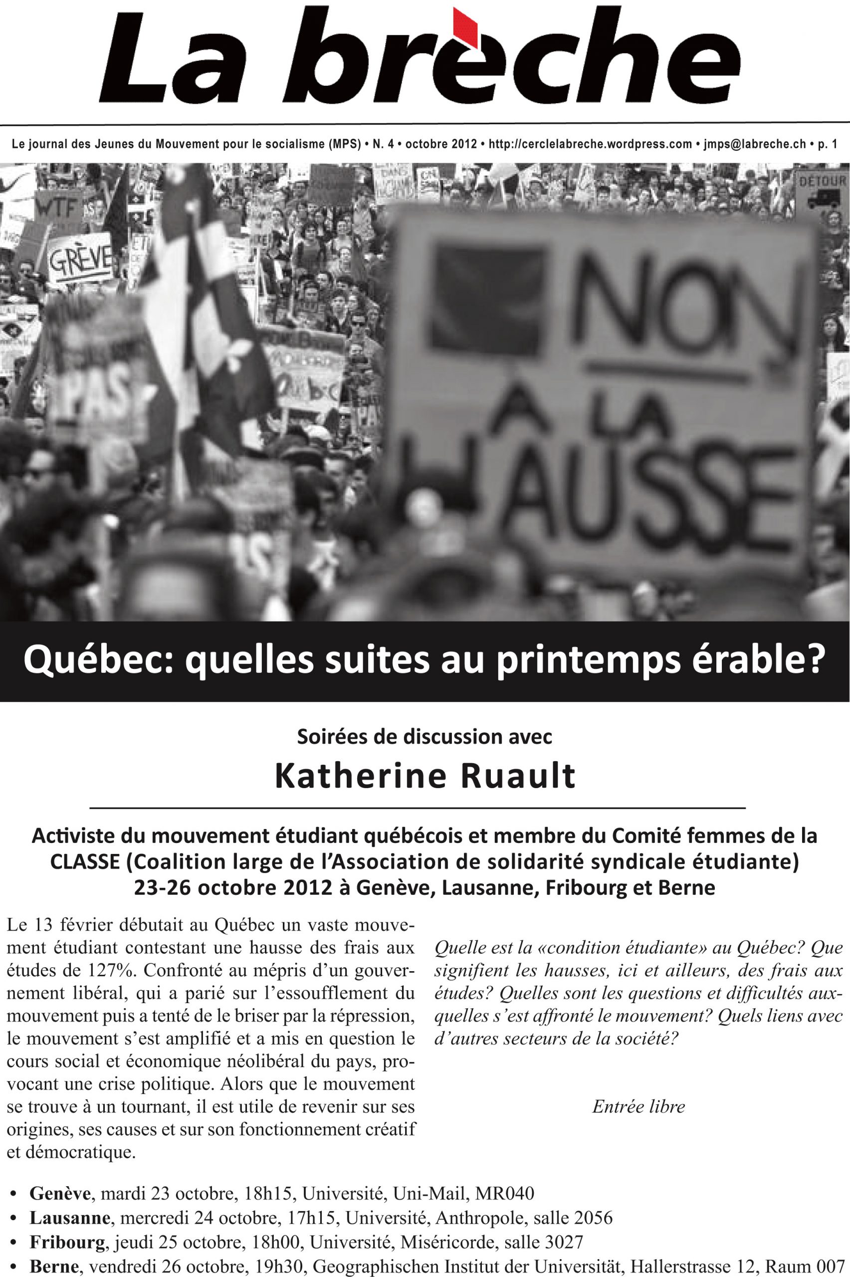 Québec, quelles suites au printemps érable? Avec Katherine Ruault. A Genève, Lausanne, Fribourg et Berne