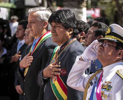 Alvaro Garcia Linera, vice-président, et Evo Morales, président, le jour du «Dia del Mar»