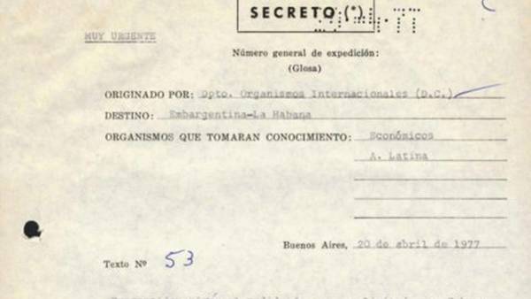 Document de la Chancellerie d'Argentine indiquant les relations entre Videla et Castro